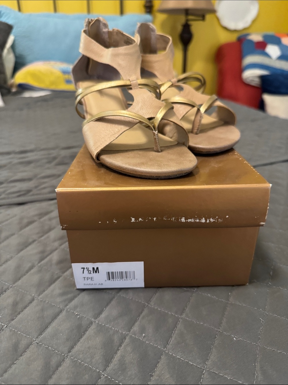 Audrey Brooke Tan and Gold Strappy Sandals